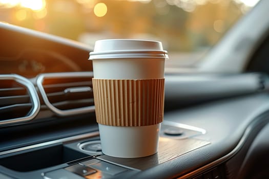 A close-up photo of a coffee cup placed on the dashboard of a car. The cup has a white paper sleeve with a brown paper wrapper around it. The cars dashboard is black and textured. The background shows the cars interior and a blurry view of the outside through the windshield. The warm golden light of the setting sun casts a soft glow on the cup and the cars interior.