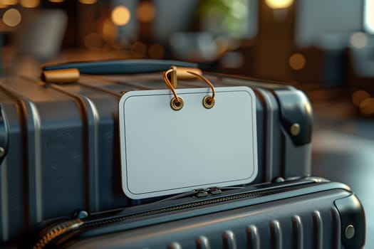 A close-up shot of a blank luggage tag attached to the handle of a black suitcase. The tag is white with a black border and two gold metal eyelets. The suitcase is in a blurred background, suggesting the setting is an airport or terminal.
