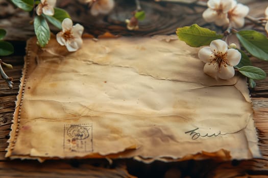 An aged paper envelope rests on a rustic wooden surface, surrounded by delicate white blossoms and green leaves. The envelope has a worn and weathered appearance, suggesting it has carried secrets and stories across time.