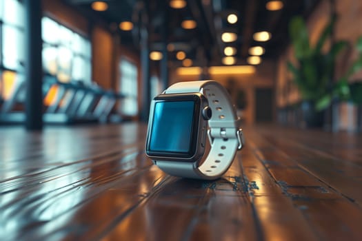 A close-up of a white smartwatch with a dark screen resting on a wood floor in a modern gym. The background is slightly blurred, showing treadmills and a plant. The image captures the clean and minimalist design of the smartwatch in a sleek and modern setting.