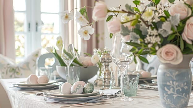 Easter tablescape decoration, floral holiday table decor for family celebration, spring flowers, Easter eggs, Easter bunny and vintage dinnerware, English country and home styling