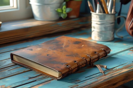 A worn leather journal lies closed on a blue wooden table in the sunlight. The journal has a rustic, aged look and appears to be handcrafted. The table is weathered and has a distressed paint finish. The image evokes a sense of nostalgia and the passage of time.