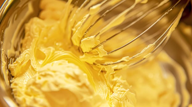 Whisk in bowl with creamy yellow batter, butter or custard, homemade baking and traditional food, country life
