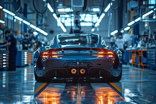 A rear view of a blue sports car moving along an assembly line in a manufacturing facility. The cars taillights are illuminated and the reflection of the overhead lights creates a sense of depth and movement.