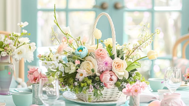 Easter tablescape decoration, floral holiday table decor for family celebration, spring flowers, Easter eggs, Easter bunny and vintage dinnerware, English country and home styling