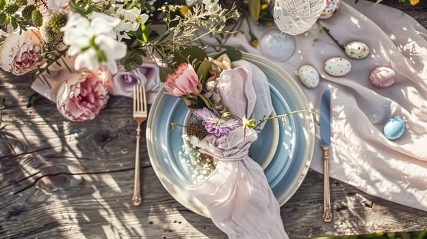 Easter tablescape decoration, floral holiday table decor for family celebration, spring flowers, Easter eggs, Easter bunny and vintage dinnerware, English country and home styling
