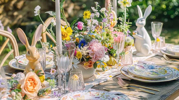 Easter tablescape decoration, floral holiday table decor for family celebration, spring flowers, Easter eggs, Easter bunny and vintage dinnerware, English country and home styling