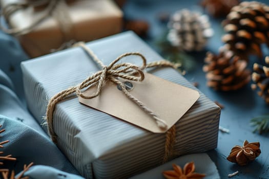 A close-up shot of a blue striped gift box with brown twine and a blank tag, resting on a blue fabric surface. The box is surrounded by natural decorations, including pine cones, star anise, and sprigs of evergreen. The image evokes a sense of warmth and anticipation, suggesting the gift is for a special occasion.