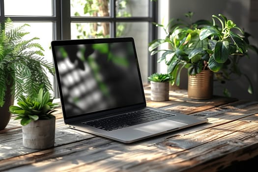 A silver laptop computer is positioned on a wooden desk with a few potted green plants in front of it. The laptop is closed and has a blank screen. Behind the laptop is a large window with greenery visible outside. The desk is made of reclaimed wood and has a natural, rustic look.