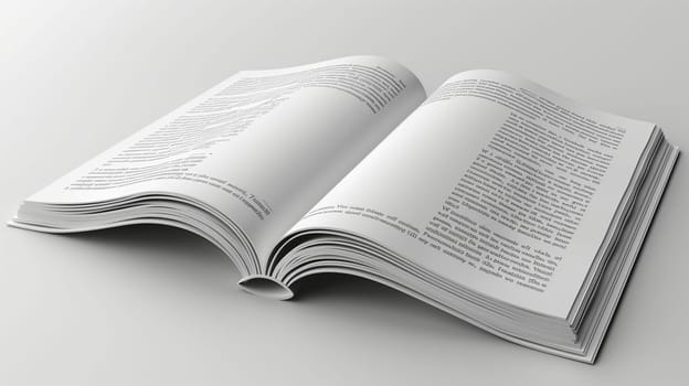 A close-up shot of an open book lying flat on a white surface. The pages are filled with black text, and the book is open to a section with several paragraphs of text.