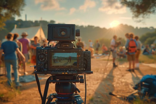 This image shows a camera on a tripod, pointed towards a group of people at a sunset event. The camera is recording the people as they are gathered together, possibly for a concert, festival, or other outdoor event. The people in the background are blurry and out of focus, while the camera is the main focus of the image.