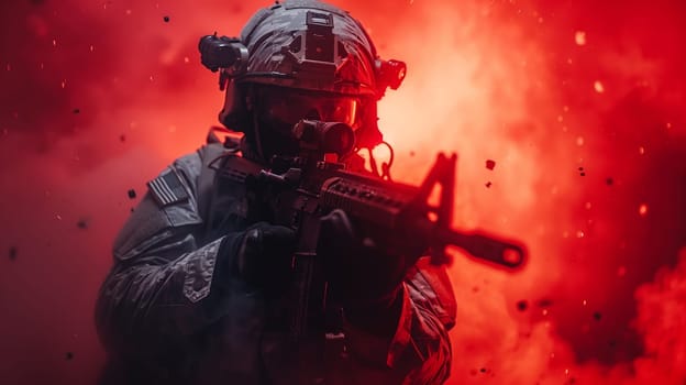 This image depicts a soldier wearing camouflage gear and a helmet with a night vision scope, holding a rifle with his hands in a firing position. He is standing in front of a background of dense red smoke, possibly from a recent explosion or a pyrotechnic effect. The smoke creates a dramatic and chaotic backdrop, highlighting the intensity of the situation.