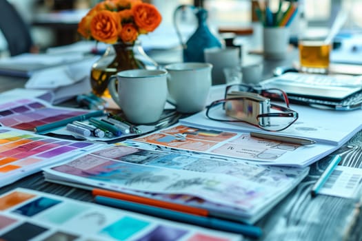 A table with a variety of tools for design work, including color swatches, pens, glasses, and coffee cups. There are several papers and documents laid out, suggesting a creative professionals workspace.