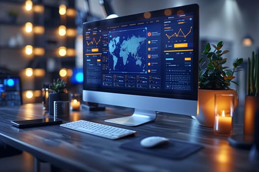 A close-up shot of a modern desktop workspace with a lit candle and a computer displaying data about the world, with a world map and various charts and graphs. There is a keyboard and a mouse on the desk as well.