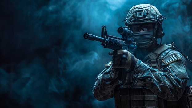 A soldier in full combat gear, including a helmet and face mask, aims a rifle in front of a blue smoke backdrop. The soldier is wearing a camouflage uniform and has an American flag patch on their arm. The image is shot from a low angle, emphasizing the soldiers focused expression and the intensity of the situation.