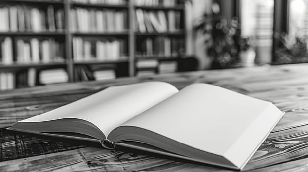 A close-up, black and white image of an open book lying on a wooden table. The books pages are blank, and it is resting against a bookshelf in the background, creating a sense of peace and tranquility.