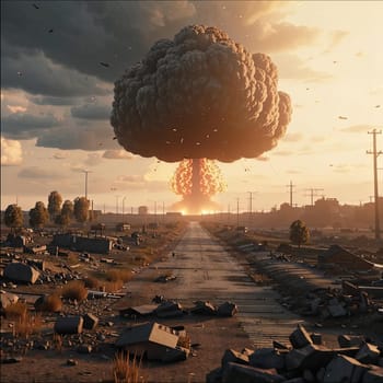 A photograph of a nuclear explosion against the backdrop of destroyed buildings and vacant lots and people. Military combat operations. Nuclear mushroom. Weapons of mass destruction.