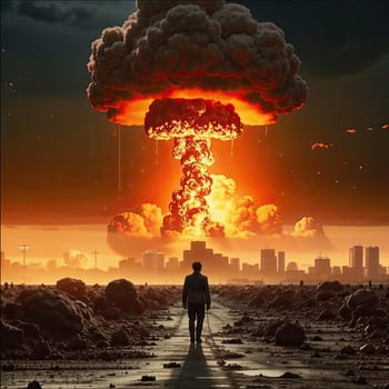 A photograph of a nuclear explosion against the backdrop of destroyed buildings and vacant lots and people. Military combat operations. Nuclear mushroom. Weapons of mass destruction.