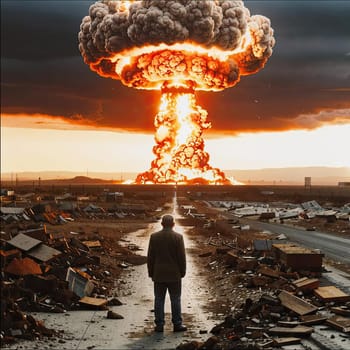 A photograph of a nuclear explosion against the backdrop of destroyed buildings and vacant lots and people. Military combat operations. Nuclear mushroom. Weapons of mass destruction.