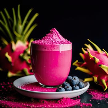 Photo of pink matcha from bright dragon fruit powder. It is rich in vitamins and minerals. Sweet taste reminiscent of a mixture of strawberries and kiwi.