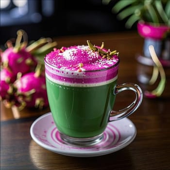 Photo of pink matcha from bright dragon fruit powder. It is rich in vitamins and minerals. Sweet taste reminiscent of a mixture of strawberries and kiwi.