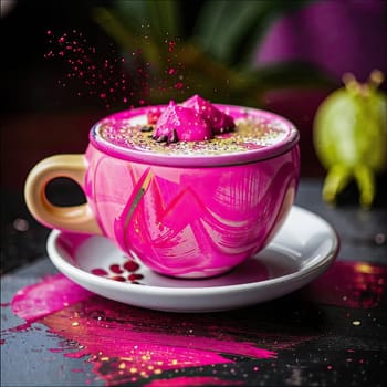 Photo of pink matcha from bright dragon fruit powder. It is rich in vitamins and minerals. Sweet taste reminiscent of a mixture of strawberries and kiwi.