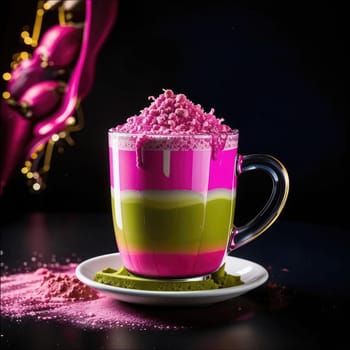 Photo of pink matcha from bright dragon fruit powder. It is rich in vitamins and minerals. Sweet taste reminiscent of a mixture of strawberries and kiwi.