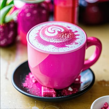 Photo of pink matcha from bright dragon fruit powder. It is rich in vitamins and minerals. Sweet taste reminiscent of a mixture of strawberries and kiwi.