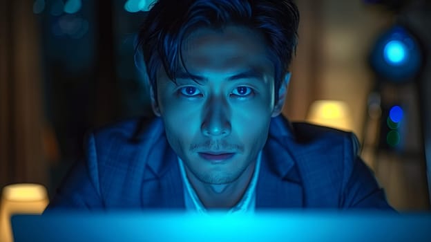 A man in a blue suit is sitting at a desk in a dimly lit room. He is using a laptop computer and looking intently at the screen. The light from the computer screen illuminates his face.