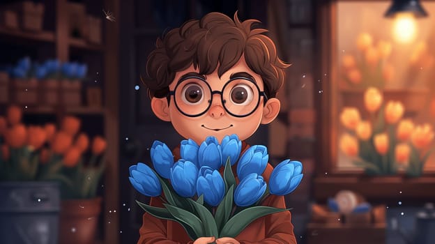 A young boy with brown hair and glasses is holding a bouquet of blue tulips in a flower shop at night. The boy is smiling and looking at the camera, and there are orange tulips in the background. The image is brightly colored and has a warm and inviting feeling.