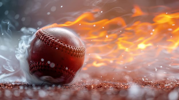 A baseball is shown resting on a dirt field. It is surrounded by smoke, flames, and a hazy background. The baseball is lit by the flames and smoke, creating a dramatic image.