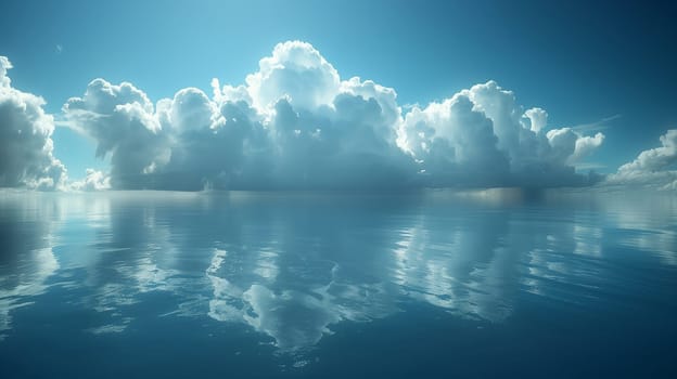 A stunning aerial view of fluffy white clouds reflecting in the calm waters of the ocean on a sunny day. The blue sky and the perfect reflection create a peaceful and serene atmosphere.