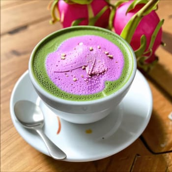 Photo of pink matcha from bright dragon fruit powder. It is rich in vitamins and minerals. Sweet taste reminiscent of a mixture of strawberries and kiwi.