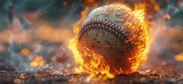 A close-up view of a baseball engulfed in flames, resting on a field covered in ashes and smoke. The intensity of the fire is evident in the bright orange and yellow flames licking up the sides of the ball, creating a dramatic and powerful image.