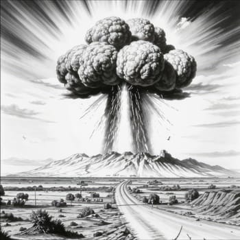 A photograph of a nuclear explosion against the backdrop of destroyed buildings and vacant lots and people. Military combat operations. Nuclear mushroom. Weapons of mass destruction.