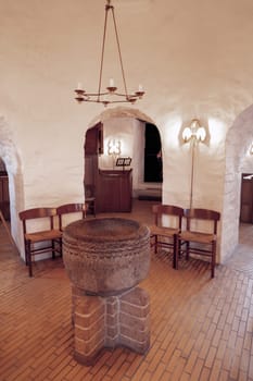 Inside the Osterlars church on the island of Bornholm. Concept of historical building and landmarks of Denmark, Bornholm