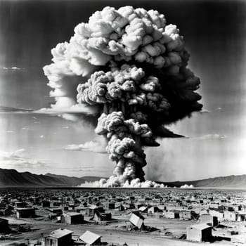 A photograph of a nuclear explosion against the backdrop of destroyed buildings and vacant lots and people. Military combat operations. Nuclear mushroom. Weapons of mass destruction.