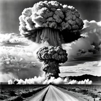 A photograph of a nuclear explosion against the backdrop of destroyed buildings and vacant lots and people. Military combat operations. Nuclear mushroom. Weapons of mass destruction.