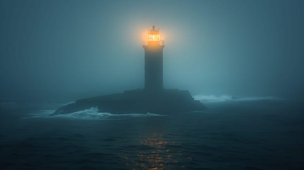 A lone lighthouse stands tall on a rocky outcropping, its beacon cutting through the dense fog that blankets the ocean. The waves crash against the rocks, creating a sense of drama and isolation. The lighthouses light serves as a symbol of hope and guidance in the midst of the darkness.