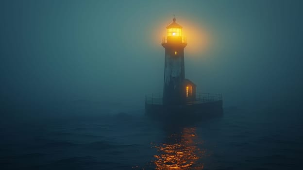 A lone lighthouse stands tall in the middle of a foggy sea at night. The lighthouses light shines brightly, illuminating the surrounding fog and water. The sea is dark and choppy, with waves crashing against the shore. The scene is atmospheric and eerie, evoking a sense of isolation and mystery.