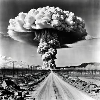 A photograph of a nuclear explosion against the backdrop of destroyed buildings and vacant lots and people. Military combat operations. Nuclear mushroom. Weapons of mass destruction.