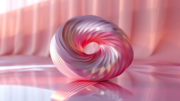 This image shows a shiny, pink abstract shape that appears to be a geometric torus, with a hollow center, on a reflective surface. The shape is made up of many thin, layered rings that create a swirling effect. The background is a soft, pink and white, textured surface. The lighting is bright and creates a strong contrast between the object and the background.