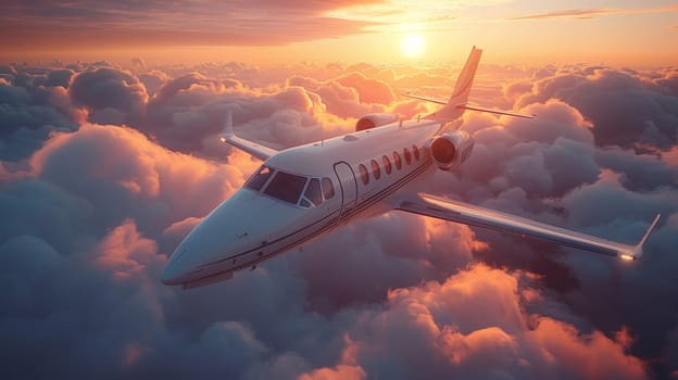 A private jet flies above fluffy white clouds, with the setting sun casting a warm, orange glow on the clouds below. The jet is in flight, with its wings extended and engine visible.