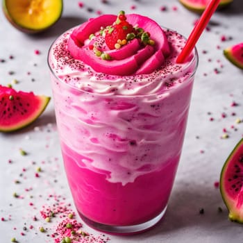 Photo of pink matcha from bright dragon fruit powder. It is rich in vitamins and minerals. Sweet taste reminiscent of a mixture of strawberries and kiwi.