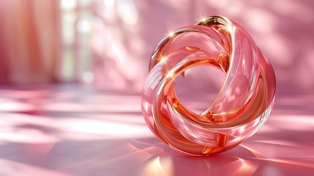 A close-up photo of a pink glass sculpture with intertwined rings, illuminated by soft light. The sculpture sits on a shiny surface, reflecting the light and creating a shimmering effect.