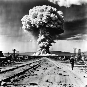 A photograph of a nuclear explosion against the backdrop of destroyed buildings and vacant lots and people. Military combat operations. Nuclear mushroom. Weapons of mass destruction.