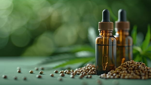 A close-up image of two amber bottles of hemp oil with droppers. The bottles are sitting on a green surface with hemp seeds scattered around them. The background is a blurred green color, suggesting a natural setting.