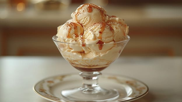 This image shows a bowl of vanilla ice cream with caramel drizzle. The ice cream is in a clear glass bowl with a stem. The bowl is sitting on a white plate with a gold trim. The ice cream is soft and creamy, and the caramel drizzle is rich and sweet.