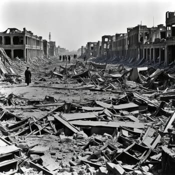 Photograph of destroyed buildings and houses due to the war. Mass destruction. Lifeless cities. Combat operations on the territory of civilians. Concrete, stones and glass shards.