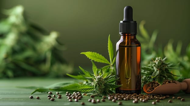 A glass bottle of cannabis oil with a dropper sits on a green surface surrounded by cannabis leaves and seeds. The oil is a clear amber color and the dropper is black. The background is a blur of green leaves.
